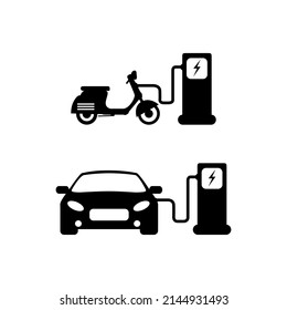 ilustración vectorial de una estación de carga para un icono, símbolo o logotipo. silueta de carga de la motocicleta y el coche eléctrico