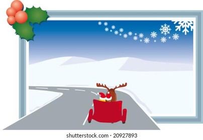 Vector illustration of chariot on a street entering in a frame with a snowy landscape.