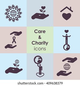 vector illustration / charity and care icons / abstract hands with ribbon charity logo / volunteer and planet logo / unity and love concept / global charity concept/ helpers and caregivers