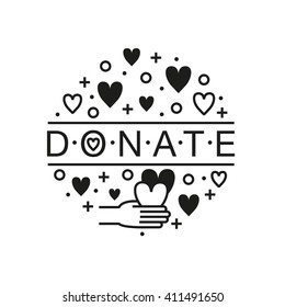 Vector illustration of charity, donation and philanthropy. Hand holding a heart and putting it into a donation box. Trendy line art background. Icon for your design.