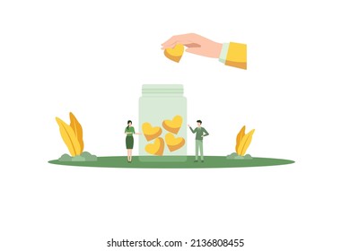 Ilustración vectorial de la campaña de ayuda de la caridad para el concepto de conciencia social. diminutos voluntarios. Frasco de donación que recoge símbolos del corazón con una mano.  Generosas comunidades de arte.