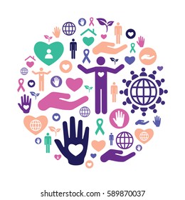 vector illustration of charity icons for help and care in circle shape 