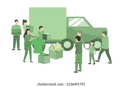 Vector illustration of Charity for support poor family concept. Humanitarian aid. Garage sale, thrifting clothes with flat design for website, banner and flyer