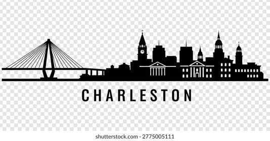 Vector illustration of Charleston city skyline, South Carolina, USA. Silhouette of famous buildings and the Arthur Ravenel Jr. Bridge.