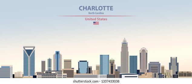 Vector illustration of Charlotte city skyline on colorful gradient beautiful day sky background with flag of United States