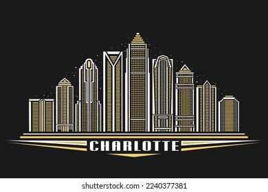 Vector illustration of Charlotte, dark poster with simple linear design famous charlotte city scape on dusk sky background, american urban line art concept with decorative lettering for text charlotte