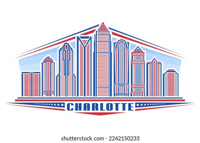 Vector illustration of Charlotte, horizontal badge with simple linear design famous charlotte city scape on day sky background, urban line art concept with decorative unique letters for text charlotte