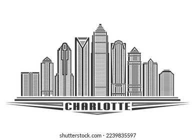 Vector illustration of Charlotte, monochrome horizontal poster with linear design famous charlotte city scape, urban line art concept with decorative lettering for text charlotte on white background