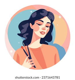 Vector illustration of charming beautiful young girl holding makeup brushes in hand. Woman doing makeup concept art. Fashion and beauty industry. For logo, poster, highlights, banner. Circle shape.