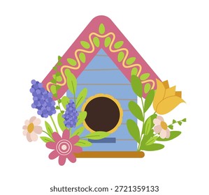 Ilustración vectorial de una encantadora casa de pájaros adornada con flores vibrantes. El diseño presenta una mezcla de flores de colores, añadiendo un toque animado a este elemento decorativo.