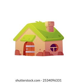 Vector illustration of a charming brick house with a roof covered with green grass in a fabulous style: a rustic cottage with a chimney and a round window