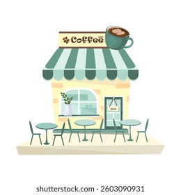 A vector illustration of a charming coffee shop with outdoor seating, featuring a large coffee cup on the roof, ideal for cafe and beverage themes.