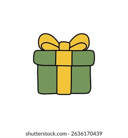 Vector illustration of a charming gift box with a yellow ribbon, perfect for holidays, birthdays, and celebrations. Trendy design ideal for greeting cards and festive marketing.