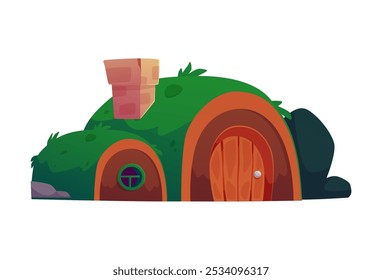 Vector illustration of a charming house covered with green grass in a fabulous style: a rustic cottage with a roof, chimney and windows, surrounded by bushes