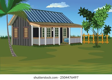 Vector illustration of a charming Indian village house. Detailed rural landscape showcasing traditional architecture for a cartoon background