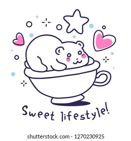 Vector illustration of a charming laying bear in cup on white background. Line art style design with star, heart, text for web, site, greeting card, invitation, banner