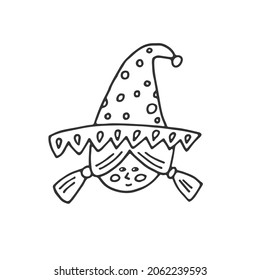 Imagen vectorial de una encantadora bruja con un divertido sombrero de bruja. Ilustración gráfica o impresión en un diseño de caricatura minimalista