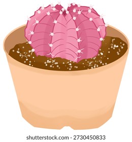 Vector illustration of a charming pink cactus planted in a simple terracotta pot with soil and pebbles. Vibrant, stylized succulent plant in cute cartoon style, isolated on white background.