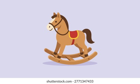 Vector illustration of a charming rocking horse toy with a saddle. Simple, flat design with clean lines and a playful aesthetic. Isolated on a soft ba
