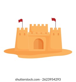 Vector illustration of a charming sandcastle with red flags, set against a clean, isolated background