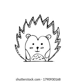 Vector illustration of a charming scandi style hedgehog drawn by hand. Baby, cute forest animal new year and christmas postcards
