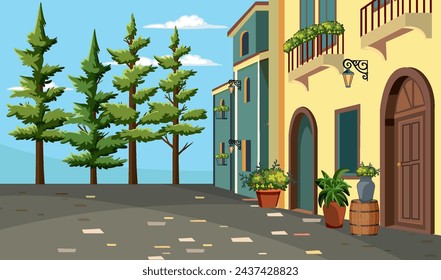 Vector illustration of a charming street with trees