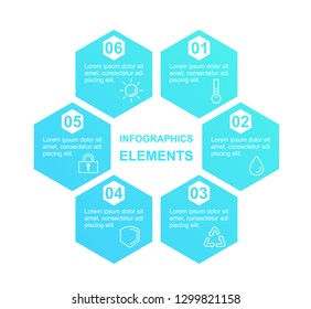 Vector illustration of chart template with blue gradient isolated on white background. Infographic diagram with ecological icons in six options.