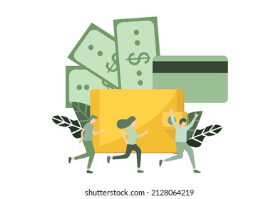 Vector Illustration Of Chasing Profit Concept, Excess Money, Conventional Way Of Making Money, Run For Money, Flat Design For Website, Banner And Flayer.