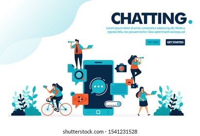 Vector illustration chat apps. People chatting with mobile application. Chat apps for communication, sending and receiving messages. Designed for landing page, web, banner, template, flyer, poster, ui