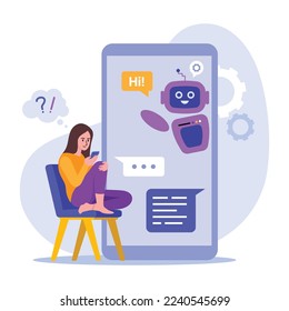 Vector illustration of chat bot. Cartoon scene with a girl who chats with a chatbot through service work on white background.