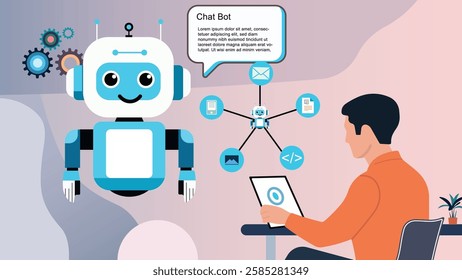 Vector illustration of a chatbot assisting a user with digital services. Concept of AI automation, customer support, virtual assistant, and smart technology for efficient communication.