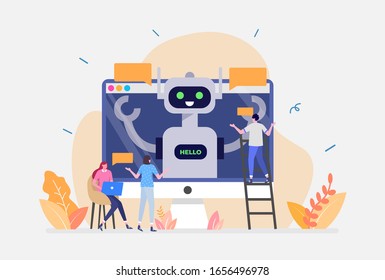 Vector Illustration, Chatbot Concept, Showing persons talk with digital robot, Suitable for landing page, UI, web, App intro card, editorial, flyer,and banner