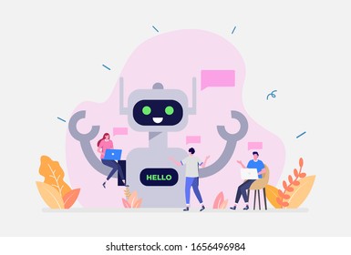 Vector Illustration, Chatbot Concept, Showing persons talk with digital robot, Suitable for landing page, UI, web, App intro card, editorial, flyer,and banner
