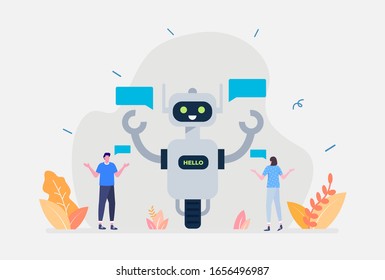 Vector Illustration, Chatbot Concept, Showing persons talk with digital robot, Suitable for landing page, UI, web, App intro card, editorial, flyer,and banner