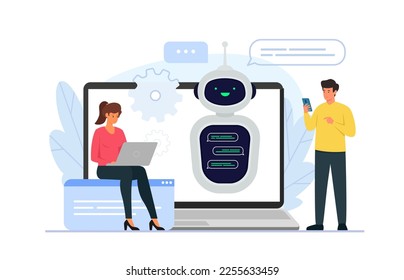 Vector illustration of chatbot customer service support concept. People characters chatting with chat bot in smartphone and laptop.