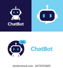 Ilustración vectorial del diseño del logotipo de ChatBot. Inteligencia Artificial concepto de identidad empresarial. Cabeza de robot con burbuja de discurso. Servicio de Asistencia al cliente Chat Bot. 