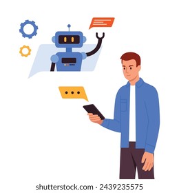 Vector illustration of a chatbot with a robot. Cartoon scene of a guy holding a smartphone and texting in the messenger through a chatbot isolated on a white background. Texting with the robot.