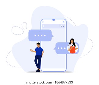 Ilustración de vectores, concepto de chats, 
Mostrando la aplicación de citas y la relación virtual. Burbuja de charla, charla con amigos y envío de nuevos mensajes, Adecuado para la página de inicio, UI, web, tarjeta de introducción de aplicaciones, e
