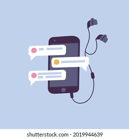 Vector illustration chatting and messaging concept. Smartphone device with headphones