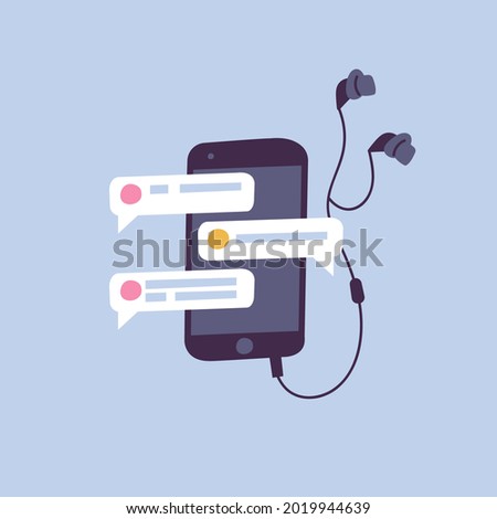 Vector illustration chatting and messaging concept. Smartphone device with headphones