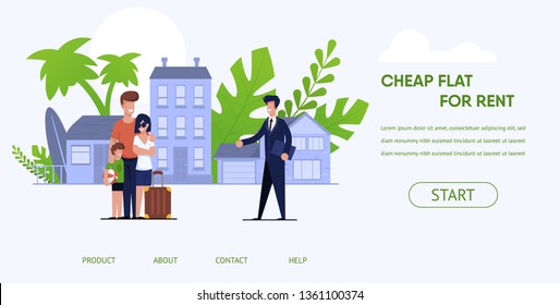Vector Illustration Cheap Flat for Rent Lettering. Family on Vacation at Resort Rents Modern Housing in City. Daily Rent Room for Young Family Near Beach. Cartoon Banner Landing Page.