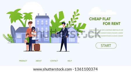 Vector Illustration Cheap Flat for Rent Lettering. Family on Vacation at Resort Rents Modern Housing in City. Daily Rent Room for Young Family Near Beach. Cartoon Banner Landing Page.