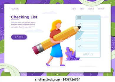 Vector illustration check list concept - cartoon girl with pencil and checklist, isolated on white background. Banner, site, poster template with place for your text.