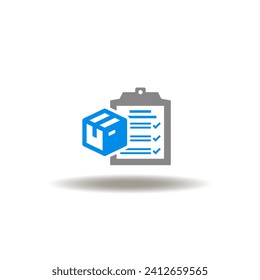 Vector illustration of check list with delivery box. Icon of customs declaration. Symbol of customs registration.