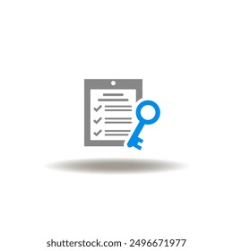 Ilustración vectorial de lista de comprobación y clave. Icono de la clave del éxito. Símbolo de análisis KPI Indicadores clave de rendimiento.