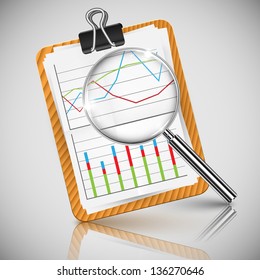 Vector illustration of  check list on clipboard and magnifying glass