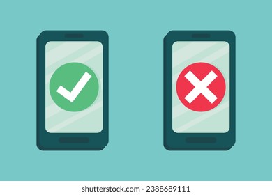 Vector illustration of check mark and cross notification on smartphone. Approved and disapproved notifications.