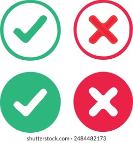 Vector illustration of check mark and cross icons isolated on a white background, perfect for correct and incorrect indicators in UI design, web navigation, and validation processes