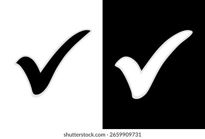 Vector illustration of a check mark icon in two contrasting versions: black on white and white on black. Minimalist design with smooth borders.