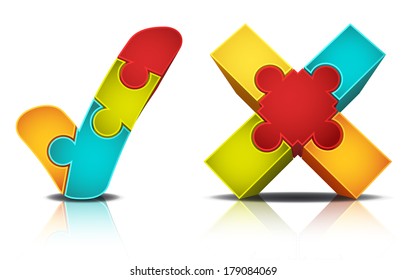 Vector illustration of check symbols made of puzzle.